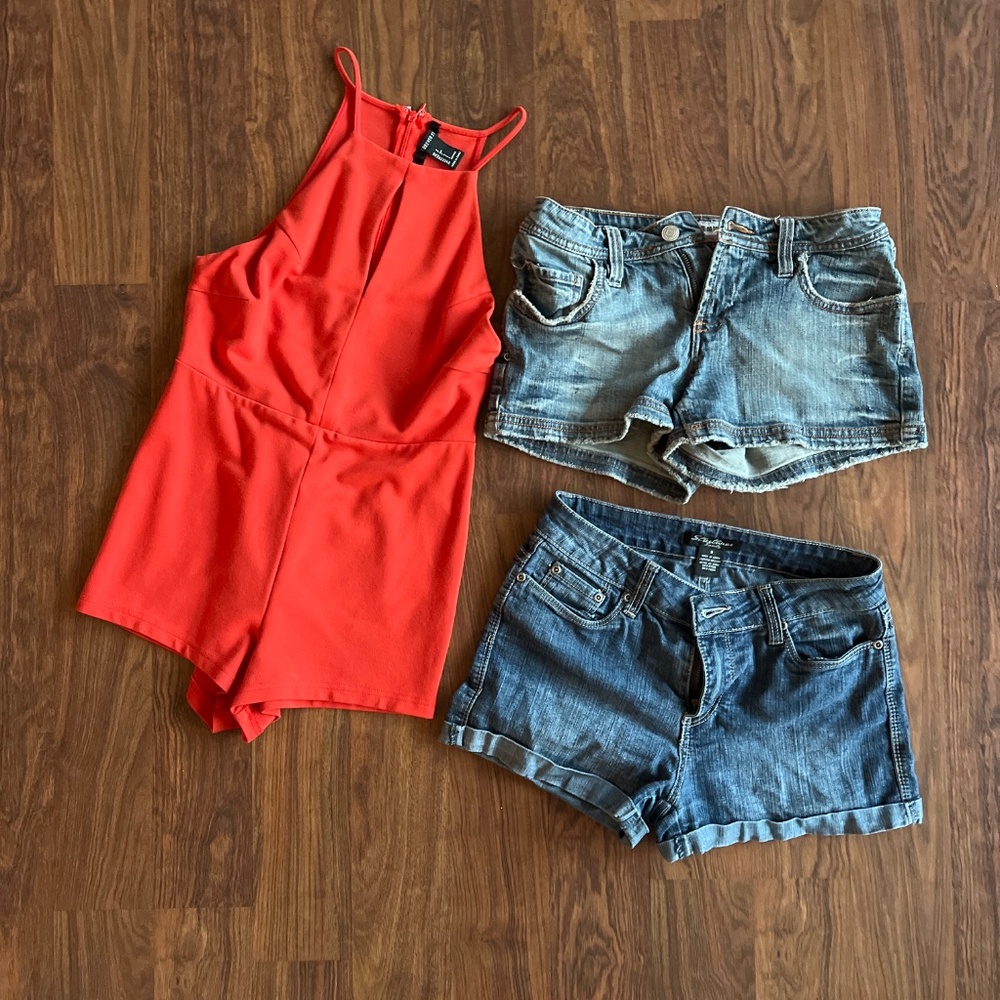 3 Pieces: Cheeky Racerback Orange Romper S + 2 Denim Shorts